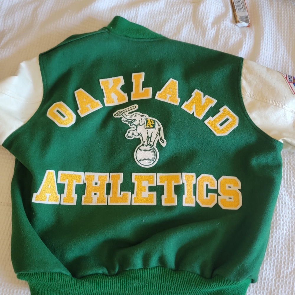 Chalk Line Letterman Jacket, Classic logo Oakland A's leather and wool.
